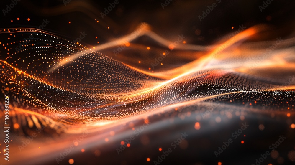 Poster abstract orange particles flowing on black background