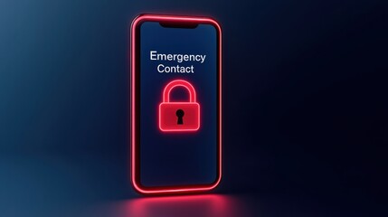 Health info the security of patient. Mobile phone displaying emergency contact with a lock icon.