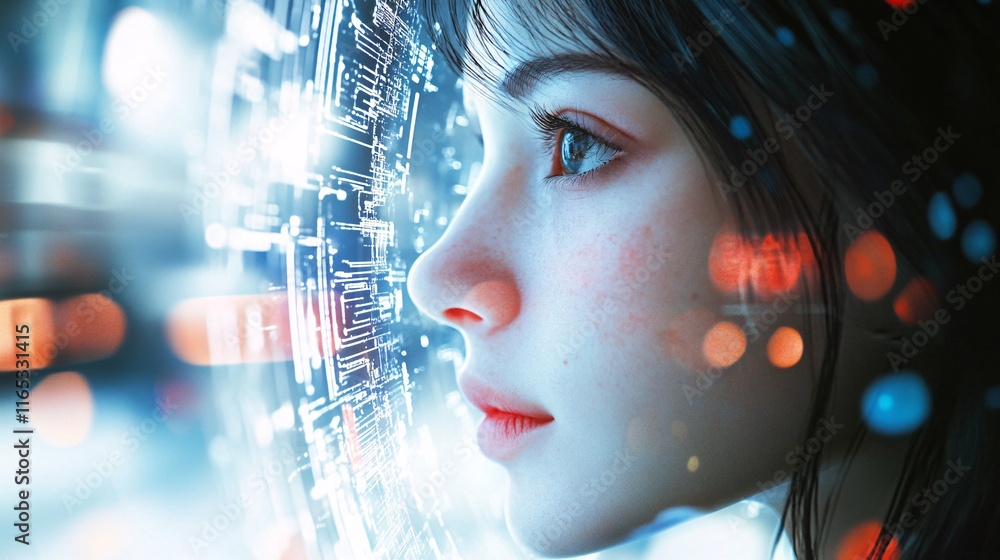 Poster female engineer working with holographic interface in cyberspace