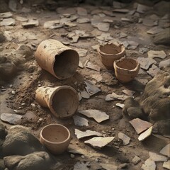 Ancient Pottery Fragments on Unearthed Soil Surfaces