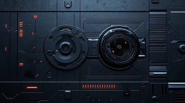 Futuristic metallic panel showing rotating mechanisms and orange lights