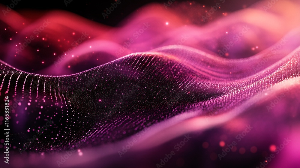 Poster Pink particles waving abstract background with bokeh effect