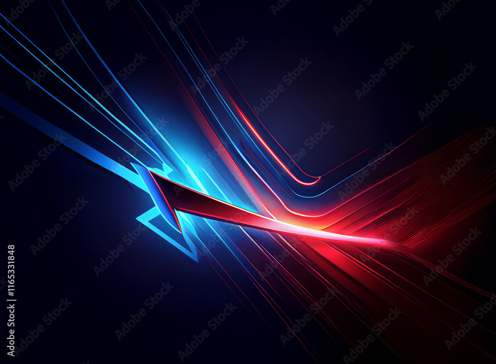 Poster abstract artwork featuring vibrant red and blue glowing lines intersecting, creating a dynamic, arro