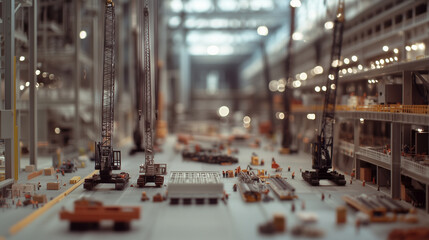 Fototapeta premium Wide Angle View of Warehouse with Cranes and Industrial Shelving
