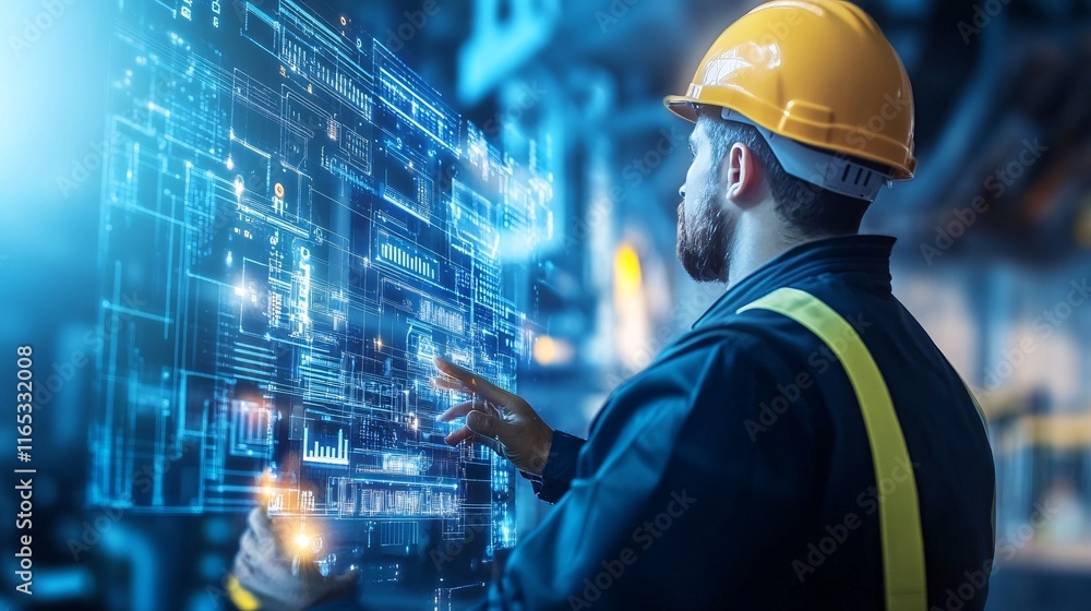 Poster industrial engineer working with futuristic holographic interface in a factory setting