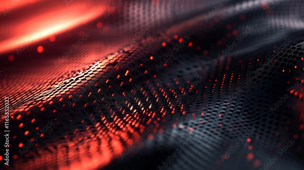 Poster Abstract red and black hexagonal mesh waving and glowing