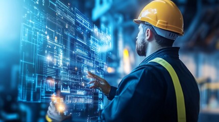 Industrial engineer working with futuristic holographic interface in a factory setting