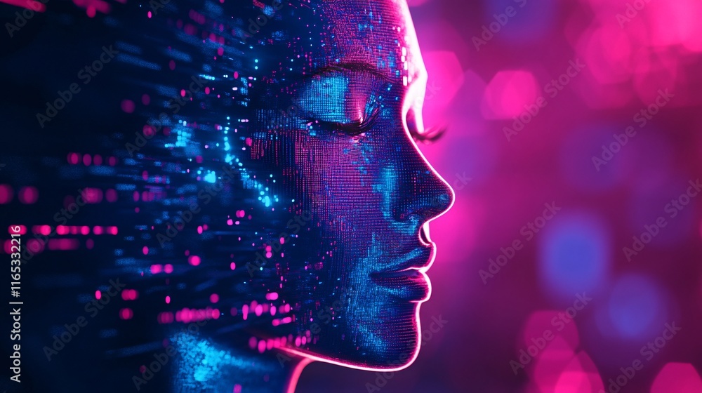 Poster artificial intelligence woman emerging from data stream in cyberspace