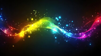 Fototapeta premium Vibrant rainbow wave with sparkling particles on dark background.