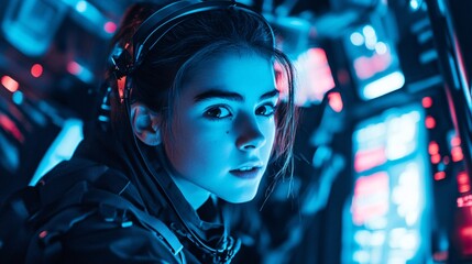 Young astronaut wearing headphones and looking around in spaceship cockpit
