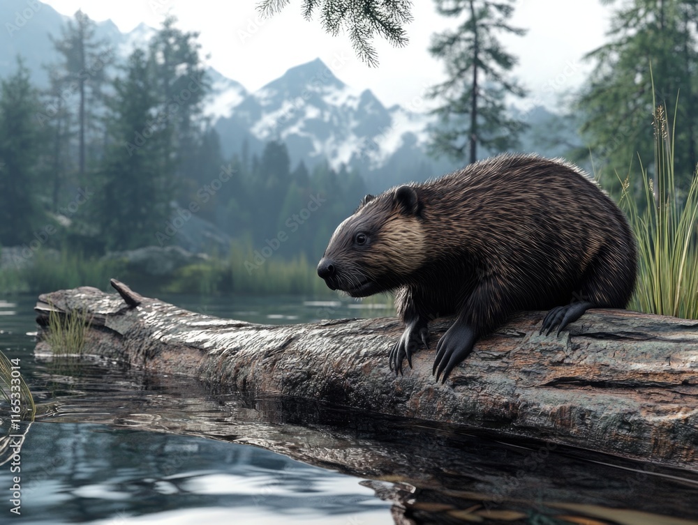 Canvas Prints Beaver on log by water