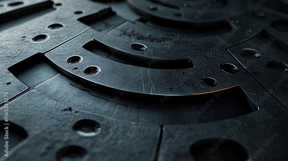 Poster dark metallic industrial surface with rivets and grooves creating intricate pattern
