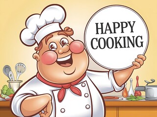 Happy Cooking Chef Cartoon Character Holds Sign