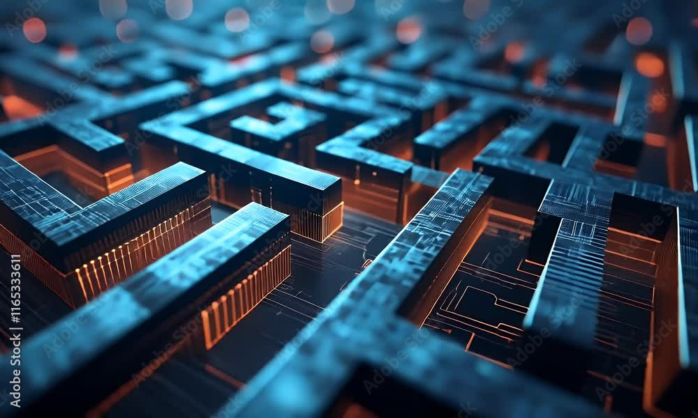 Poster futuristic glowing maze with a neon-lit design, showcasing advanced technology, circuits, and abstra