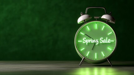 Glowing green alarm clock with spring sale message on dark background