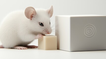 Cute white mouse interacting with block on table in minimalist studio setting close-up perspective animal behavior