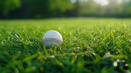 Baseball lying on green grass field in sunny weather