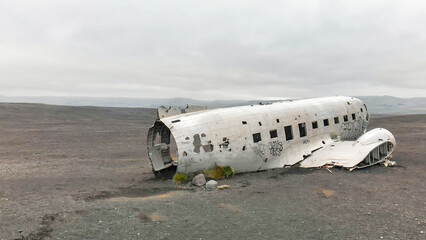 Aerial view of United States Navy DC plane wreck on the black beach at Solheimasandur