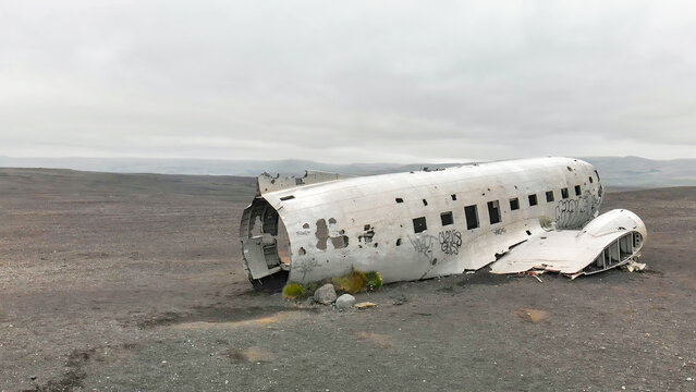 Aerial view of United States Navy DC plane wreck on the black beach at Solheimasandur