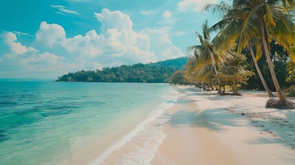 Waves crashing on the pristine white sand beach of Seychelles, turquoise waters under a bright sky, and lush tropical vegetation along the shoreline.