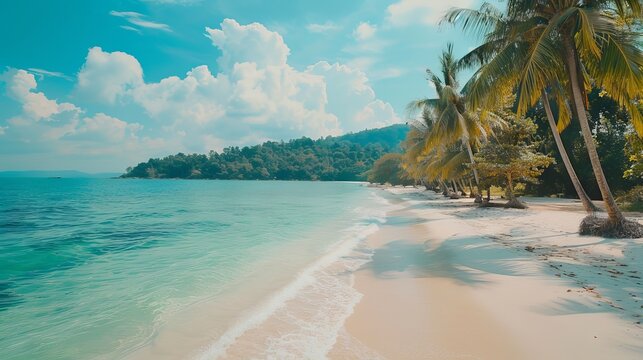 Waves crashing on the pristine white sand beach of Seychelles, turquoise waters under a bright sky, and lush tropical vegetation along the shoreline.