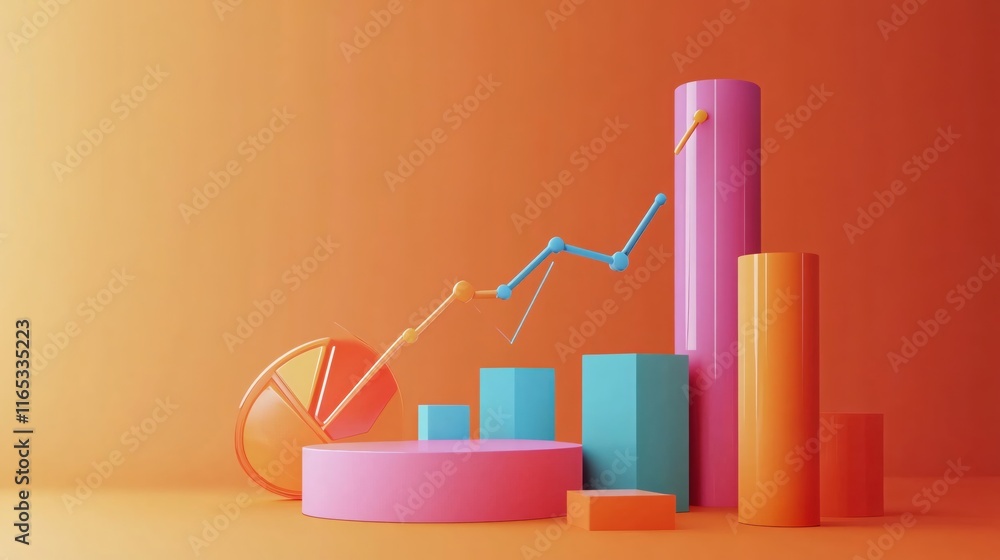 Poster colorful 3d graph and chart representing business growth and progress dynamics