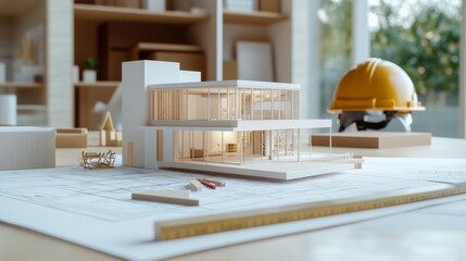 Architectural model on blueprint with construction tools in modern office