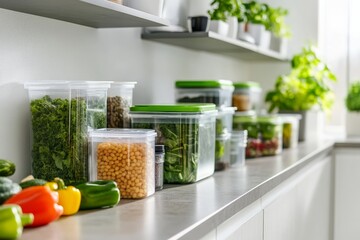 Organized modern kitchen with fresh vegetables and airtight containers on countertop