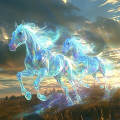 Fototapeta premium Ethereal Horses Galloping Through Enchanted Meadow at Sunrise