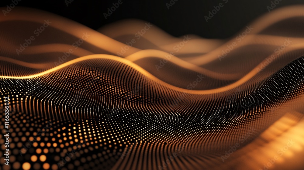 Poster Golden particles flowing and forming abstract waves in digital space