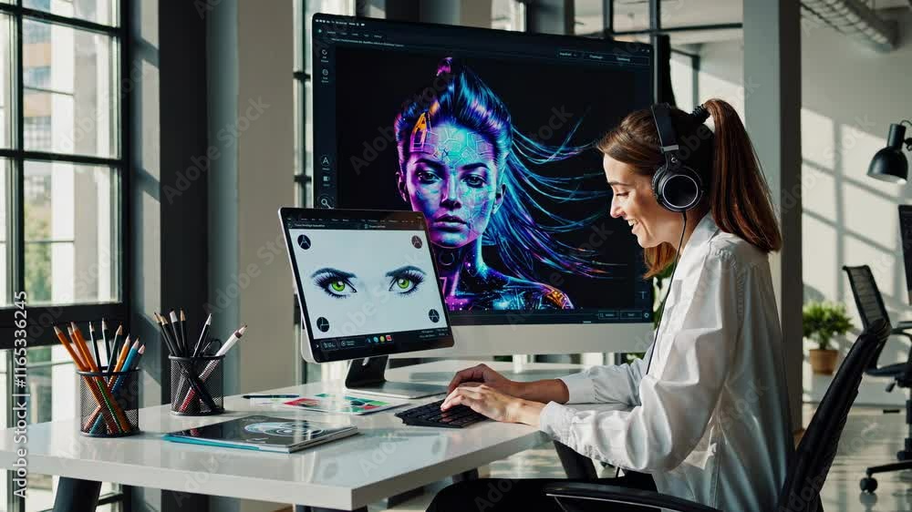 Poster creative digital artist working on colorful design in modern studio with large monitor and headphone