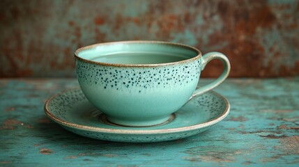 Fototapeta premium A teal cup and saucer on a textured surface.