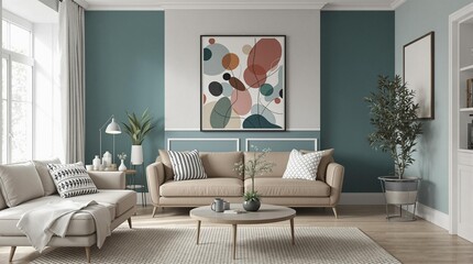 Luxury japandi home interior design of modern living room decor with sofa seating,in color of the year 2026 Transformative teal
