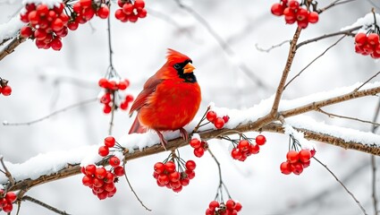 Vibrant red cardinal perched on a snow-encrusted branch of a bare deciduous tree, surrounded by clusters of bright red ashberries, hawthorn berries, and rowan berries, amidst a serene winter wonderlan