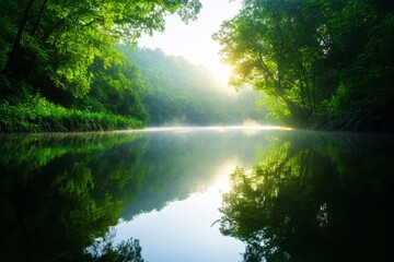 Serene sunrise over misty forest lake with lush greenery