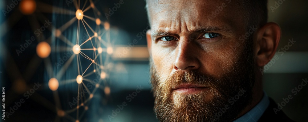Poster businessman analyzing global network connections and data analysis