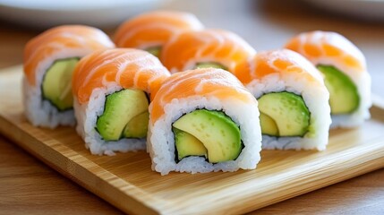 Fresh salmon and avocado sushi rolls on wooden platter