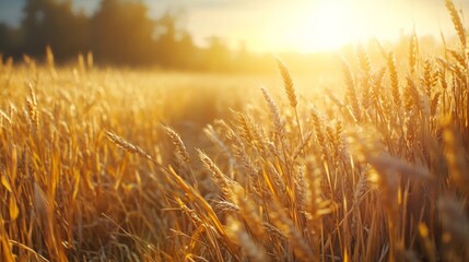 Golden wheat field at sunset with sunlight radiating through the stalks
