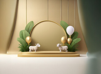Elegant golden display with two sheep, balloons, and lush green leaves.  Perfect for festive celebrations or product showcasing.