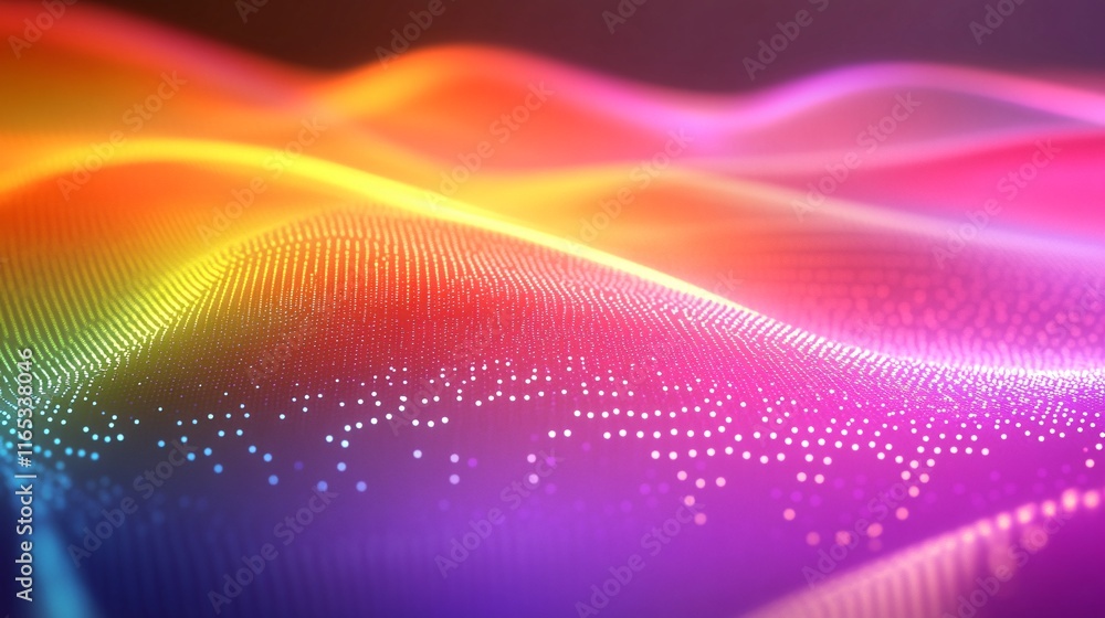 Poster Colorful particle background forming abstract waves with depth of field