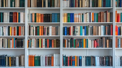 a white wooden bookcase filled with books in a public library