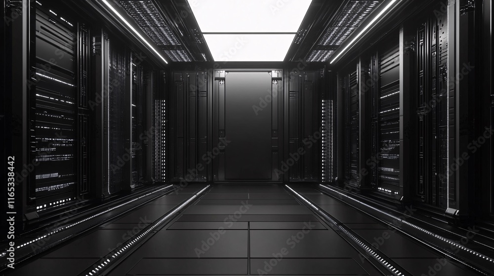 Poster Modern data center corridor with server racks and bright screen displaying crucial information