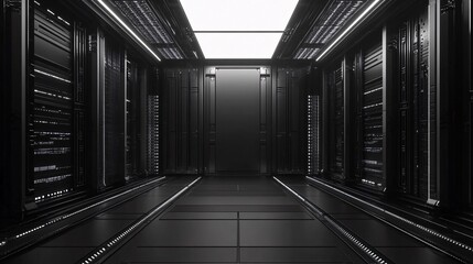 Modern data center corridor with server racks and bright screen displaying crucial information