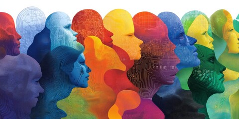 Diverse profiles in vibrant colors representing unity and technology, neurodiversity