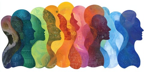 Colorful silhouettes of diverse individuals in abstract digital art neurodiversity concept