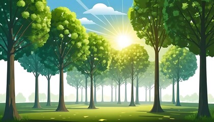 Obraz premium Sunlit Grove of Lush Green Trees in a Sunny Meadow
