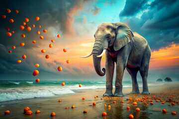 Majestic elephant on beach with orange spheres at sunset, creating serene scene