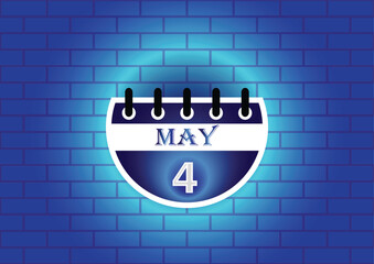 Obraz premium A digital illustration of a calendar page showing May 4th. The page is blue and white, set against a backdrop of a blue brick wall. Clean, modern aesthetic.