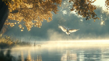 Obraz premium Great egret in flight over misty autumn lake at sunrise.