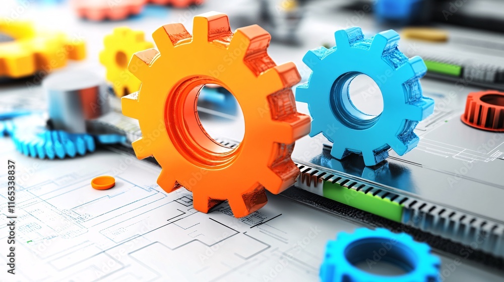 Poster colorful gears resting on circuit board and blueprint symbolizing engineering and innovation